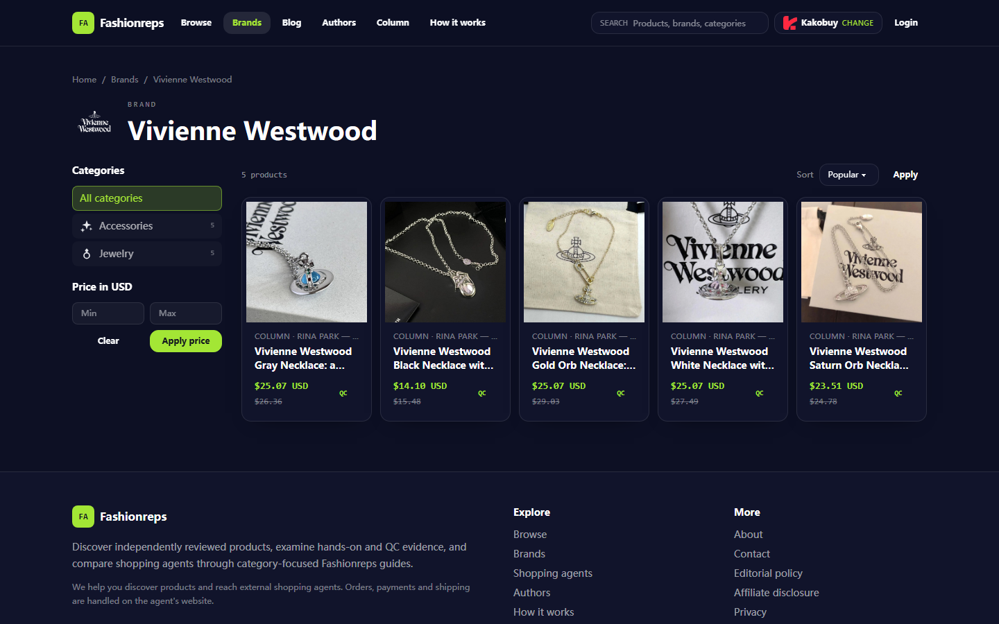 Vivienne Westwood Accessories: Catalog and Sheets Filtering